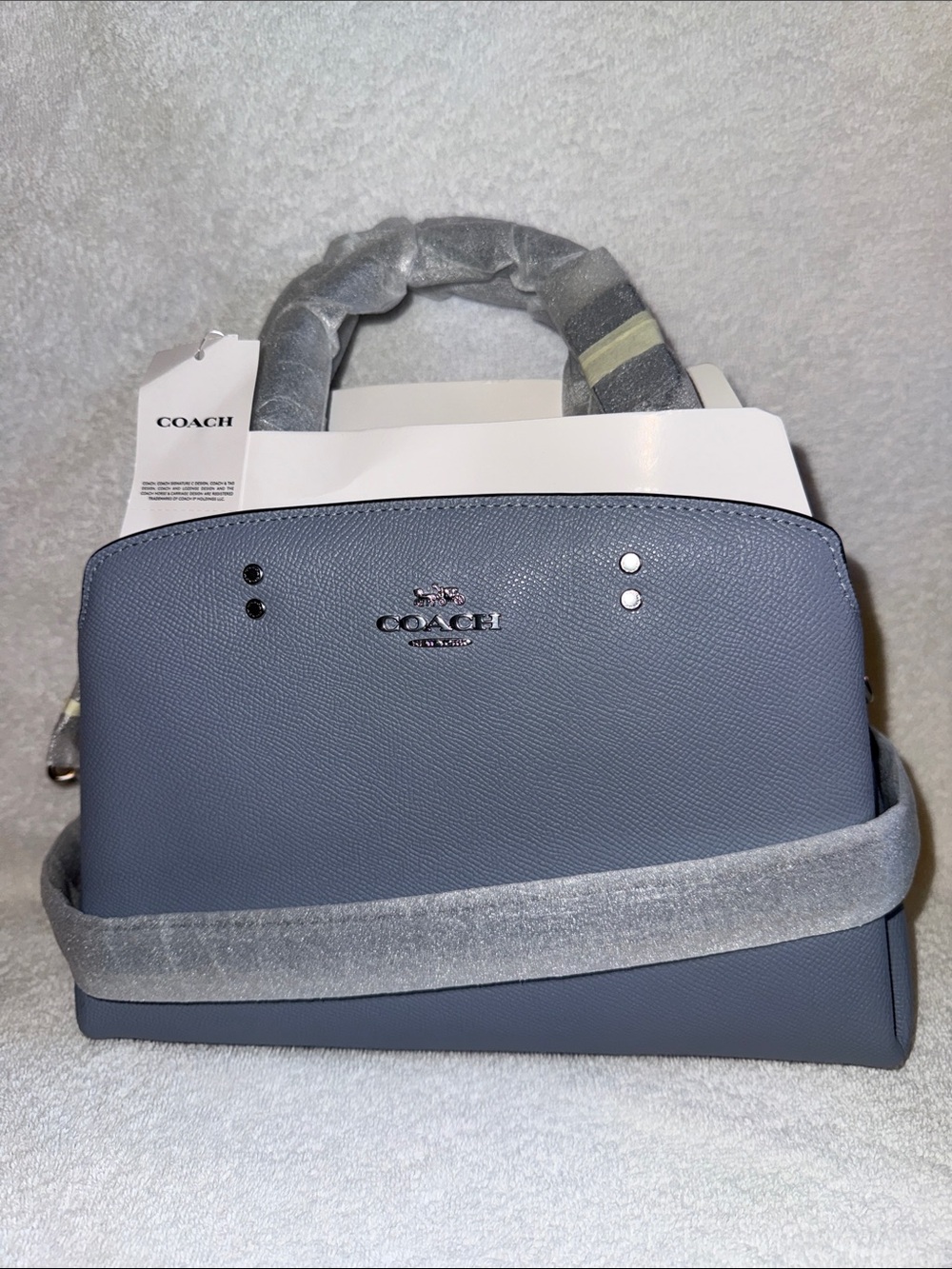 Coach Slate Blue Pebbled Leather Satchel with Silver Hardware